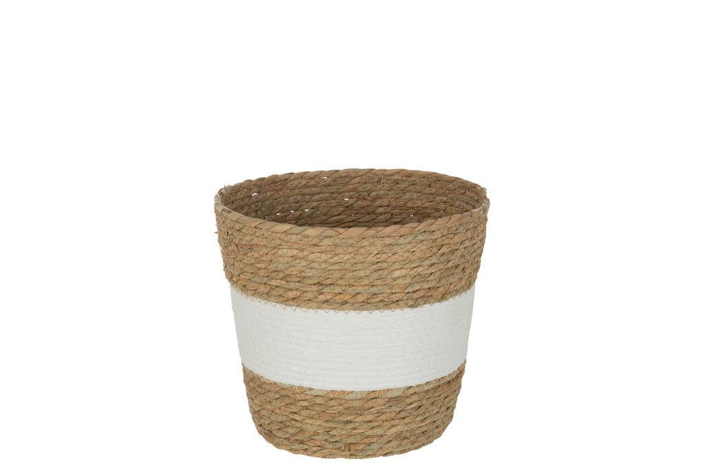 Basket Round With Stripe+ Handle Reed Natural/White