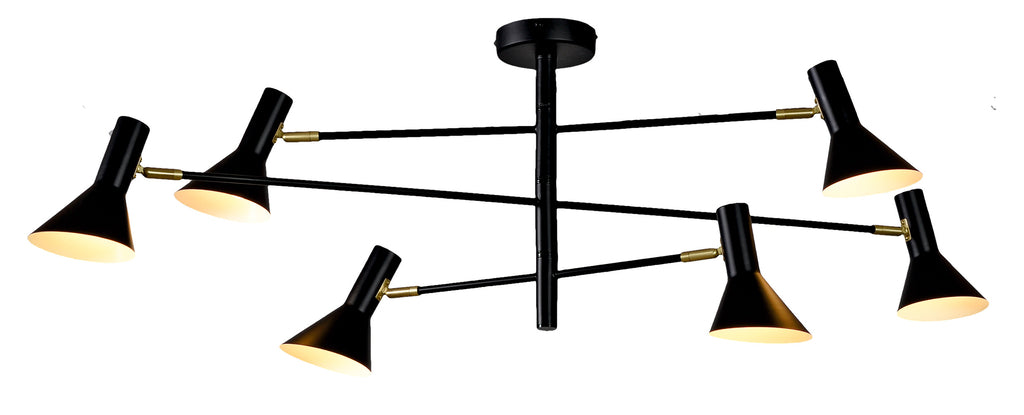 Ceiling lamp iron Izmir 3-arms w.124xh.39cm/6 shades h.17x13 -5cm black/gold accent