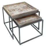 David - Couchtisch 2er Set - witgekalkt en matzilver - gerecycled hout en metaal - 60x60x45 cm