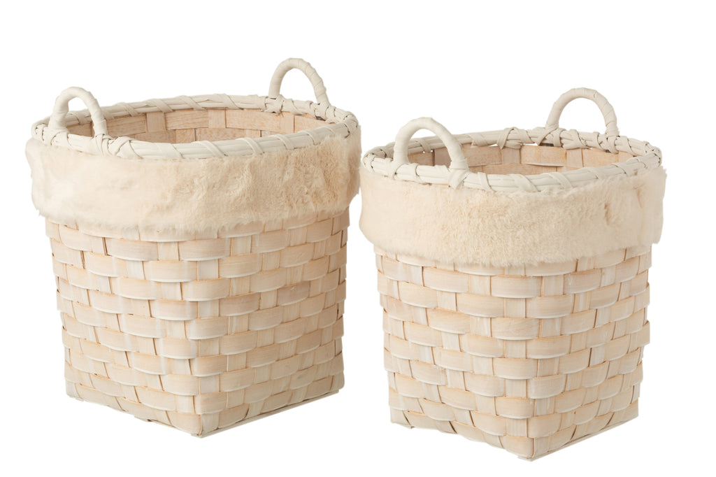 Set Of 2 Baskets Round With Handles Imitation Fur Detachable Rattan Flat Natural White Wash