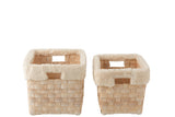 Set Of 2 Baskets Rectangle+Imitation Fur Rattan Flat Natural White Wash