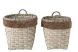 Set Of 2 Baskets Round With Handles Imitation Fur Detachable Rattan Flat Brown