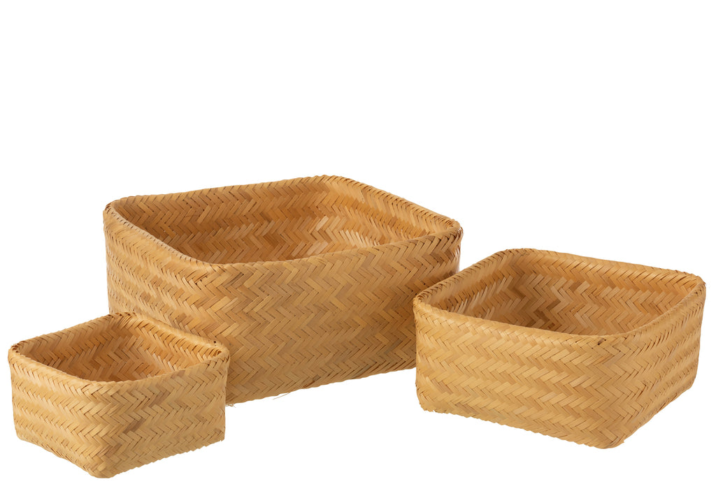 Set Of 3 Baskets Square Bamboo Natural